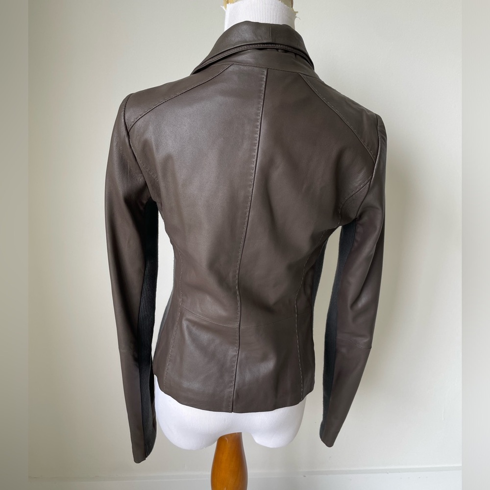 Vince Brown Leather Moto Jacket Asymmetrical Zip Knit Trim Women’s Sz S Biker - Picture 6 of 8